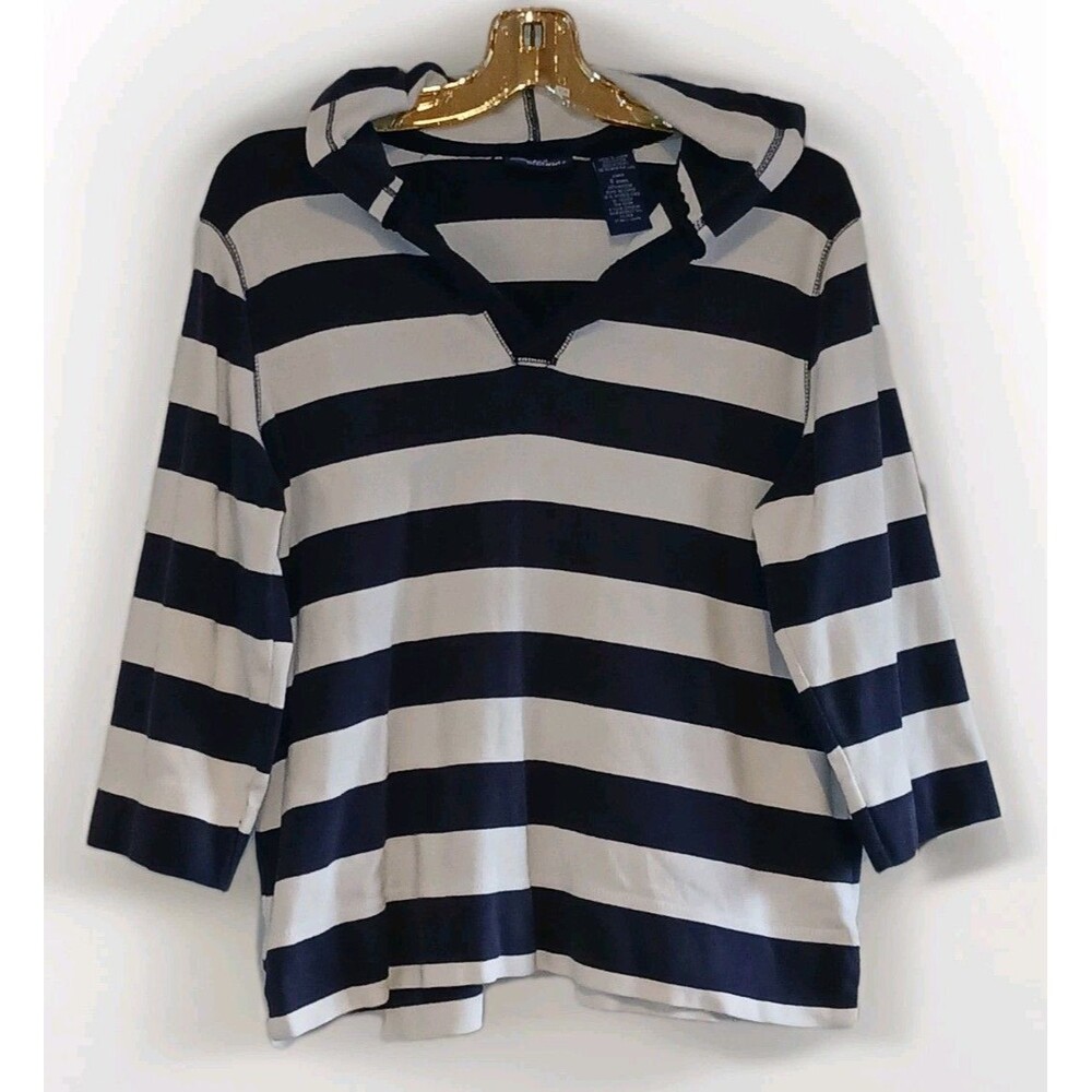Vtg Catalina Striped Hoodie Top L Cotton Pullover Navy/White Coastal Resort